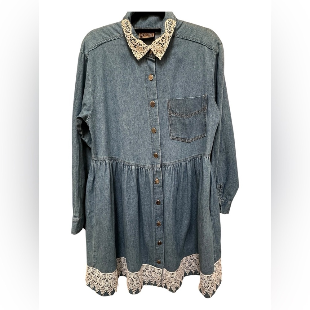 Vintage Blue Denim Shirt Dress with Cream Lace Collar and Hem Size XL EUC